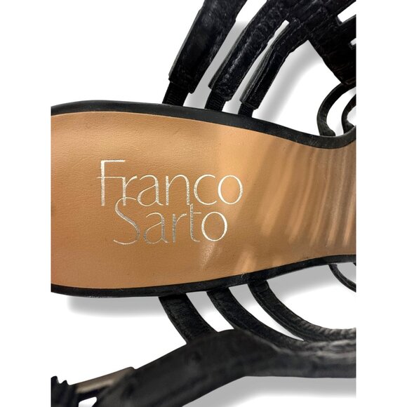 Franco Sarto Sombre Black Strappy Cork Wedge‎ Open Toe Sandals Heels Size 7.5 M - Picture 7 of 9